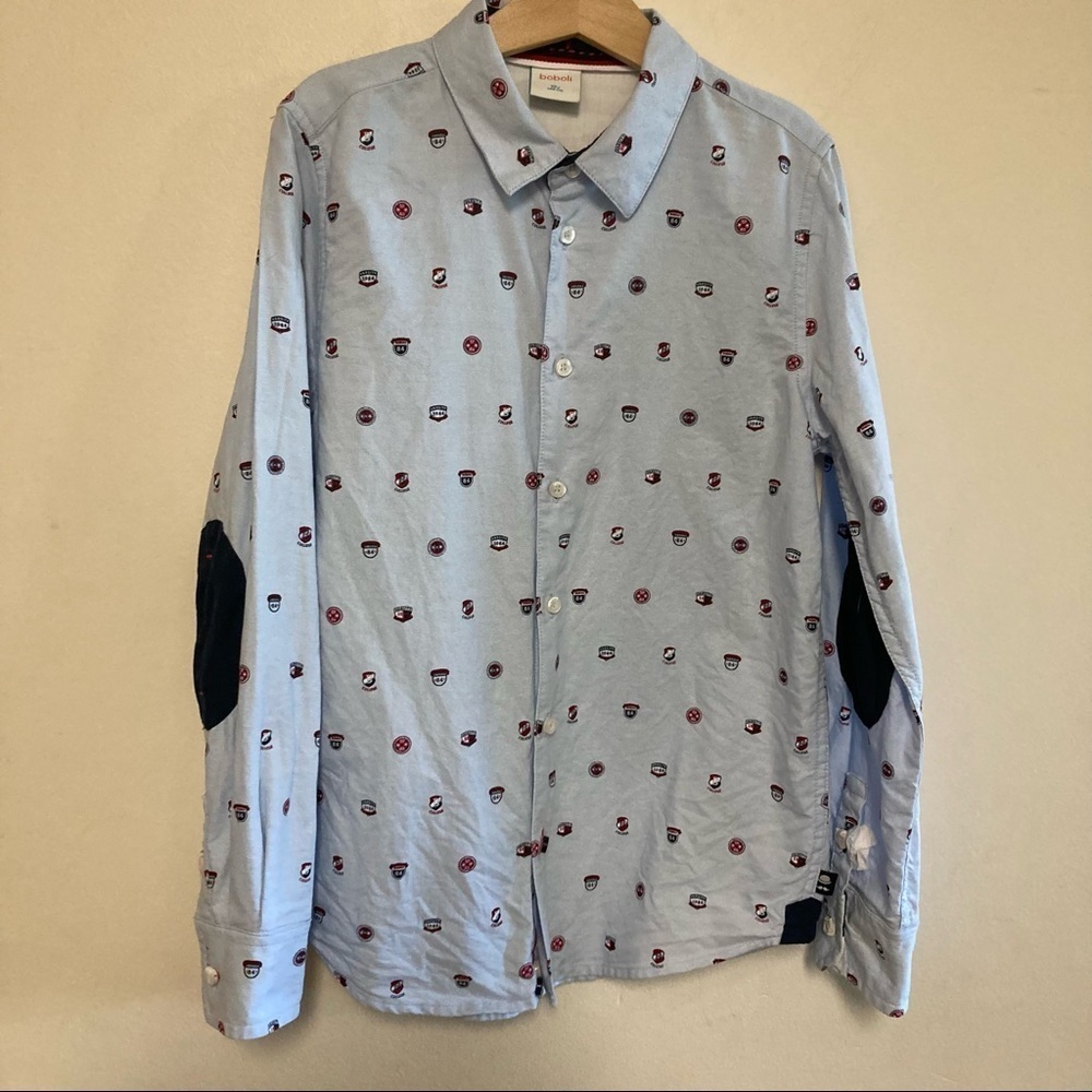 boys boboli 10 varsity printed cotton button down dress shirt preppy elbow patch - Picture 11 of 12